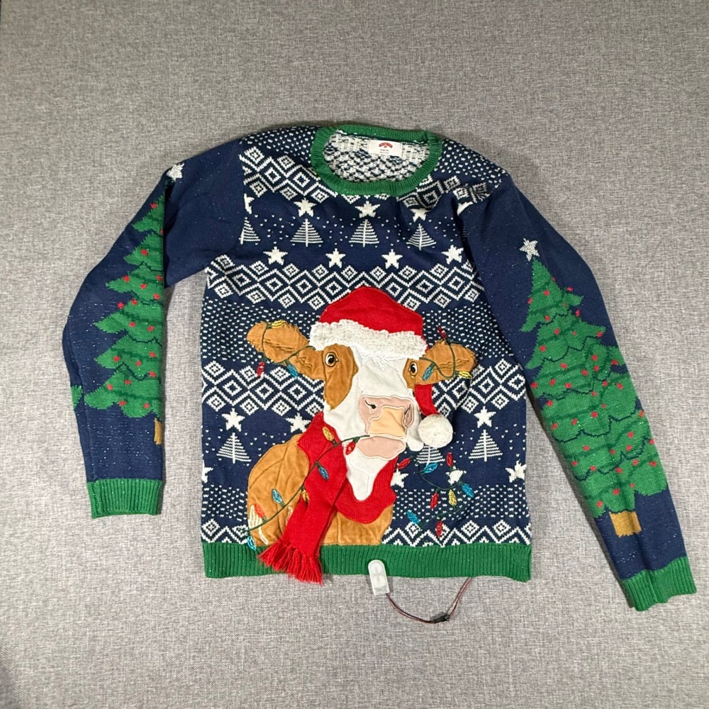 Holiday Time Cow Ugly Christmas Sweater Mens M Navy Blue Light Up Ugly Festive